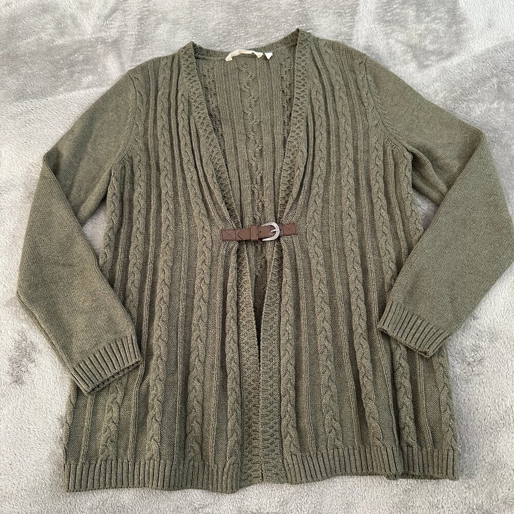 Soft Surroundings Cable Knit Sweater Cardigan Women's size MEDIUM Olive Green